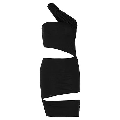 Hollow out irregular solid one shoulder ruched mini dress