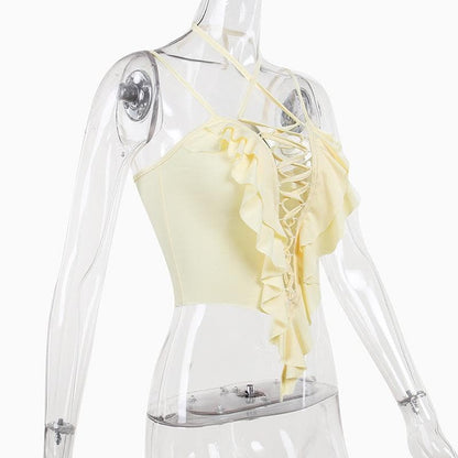 Crop Top mit überkreuzter Vorderseite, ausgehöhlt, einfarbig, Neckholder, Schnürung und Rüschen 