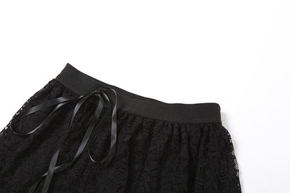 Lace see through self tie v neck sleeveless ruffle mini skirt set