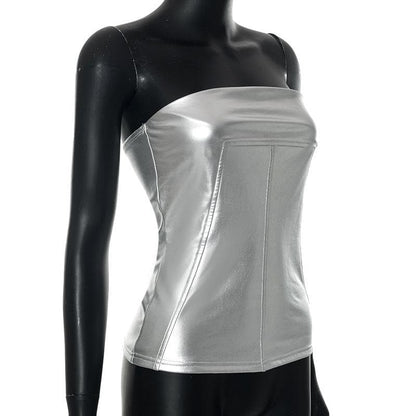 Metallic backless solid sleeveless stitch tube top