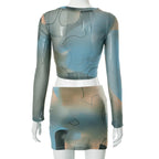 Long sleeve crewneck mesh see through contrast print mini skirt set