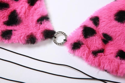 Furry leopard print self tie open back o ring bra top