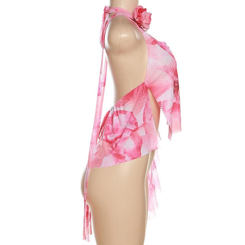 Top corto con scollo a V senza schienale, applicazione di fiori, nastro a contrasto, lacci autobloccanti 