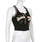 Button "sweetwon" pattern sleeveless lace hem contrast crop top