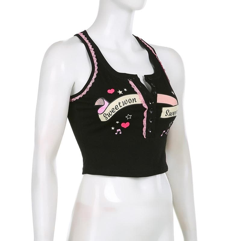 Button "sweetwon" pattern sleeveless lace hem contrast crop top