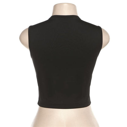 Hollow out solid sleeveless round neck crop top