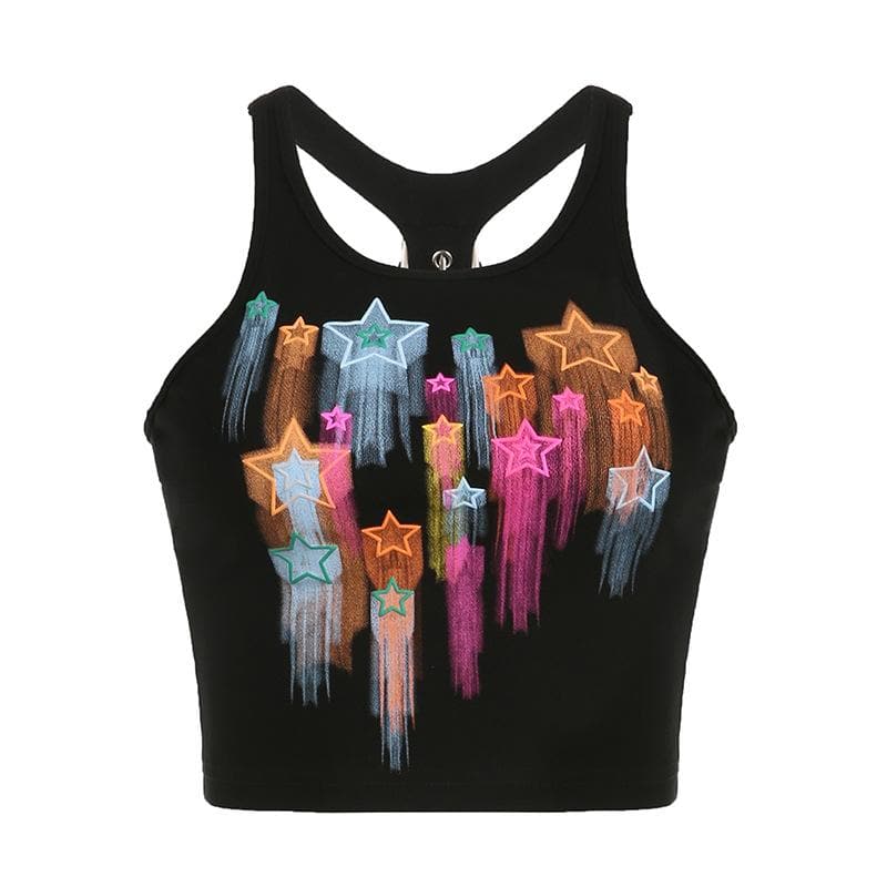 Star pattern sleeveless buckle contrast crop top