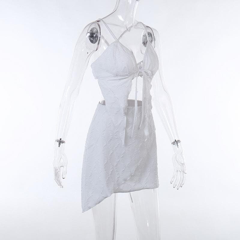 Textured solid cross back self tie backless v neck mini skirt set