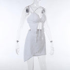 Textured solid cross back self tie backless v neck mini skirt set