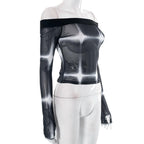 Tie dye contrast off shoulder long sleeve gloves sheer mesh see through top