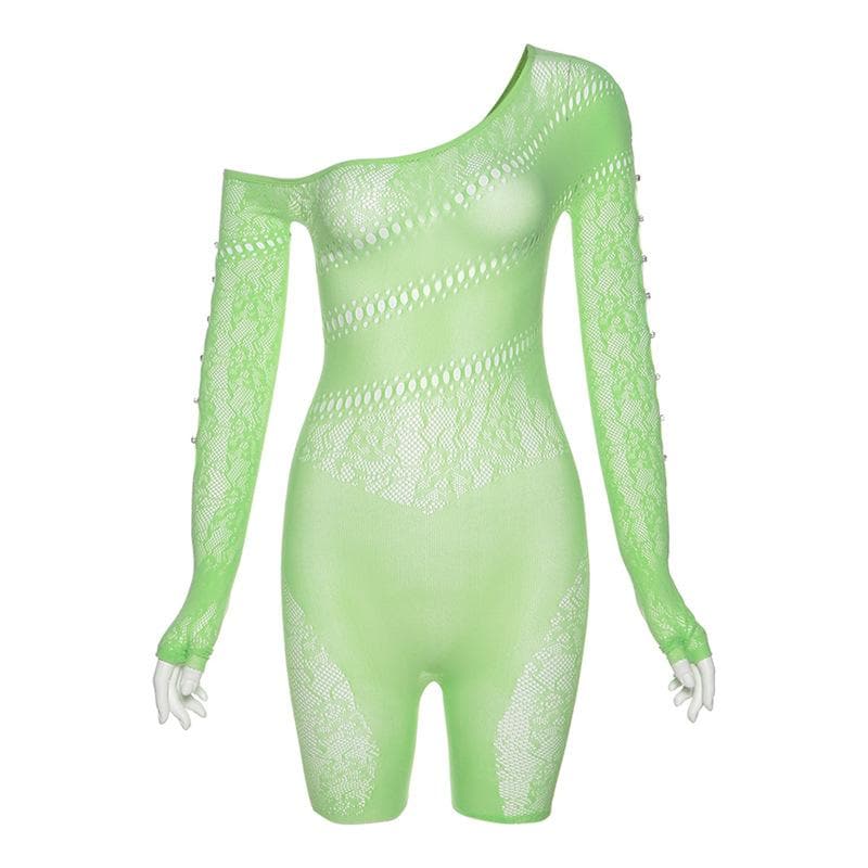 Off shoulder gloves long sleeve lace fishnet button see through romper