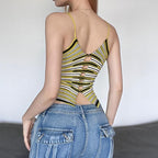 Knitted striped contrast hollow out cross front 2-way cami crop top