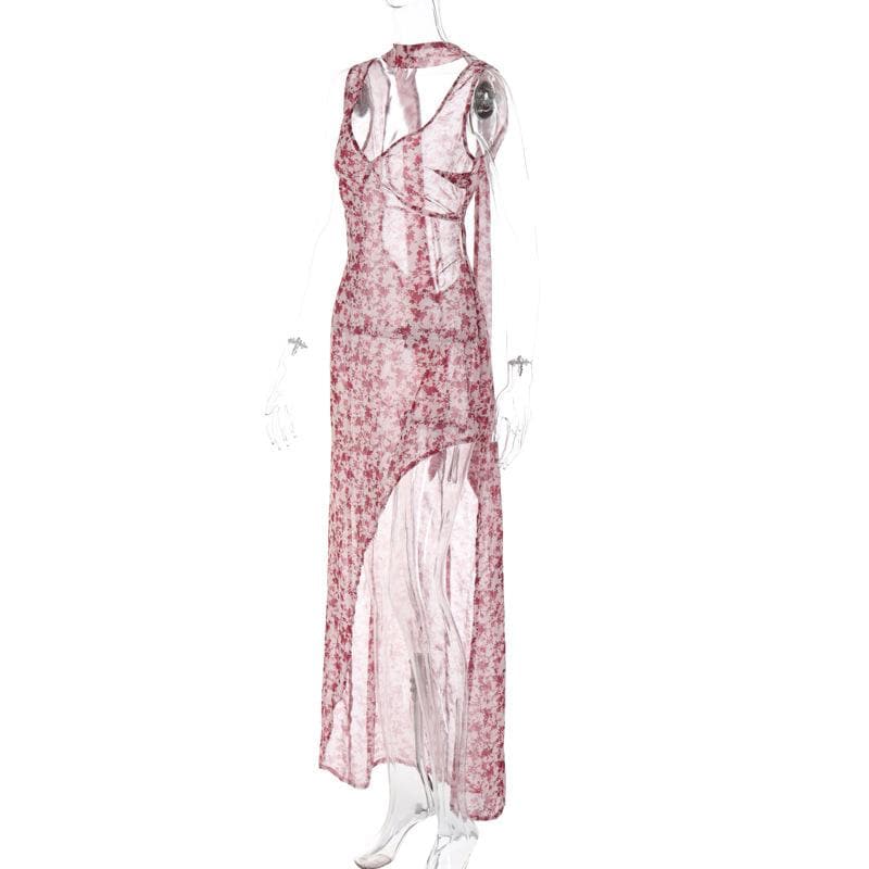 Abito lungo senza maniche con scollo a V e schiena scoperta a contrasto con stampa floreale in chiffon 