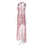 Abito lungo senza maniche con scollo a V e schiena scoperta a contrasto con stampa floreale in chiffon 