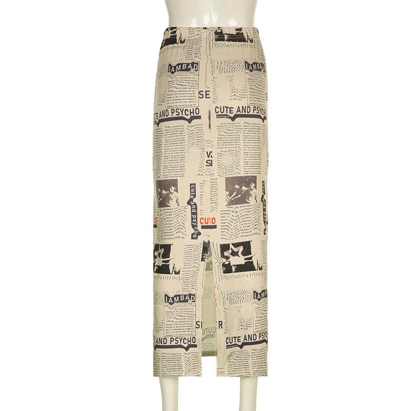 Contrast newspaper print high rise slit midi skirt