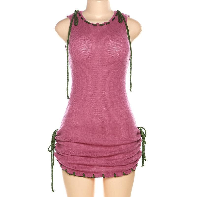 Knitted contrast sleeveless stitch drawstring backless mini dress