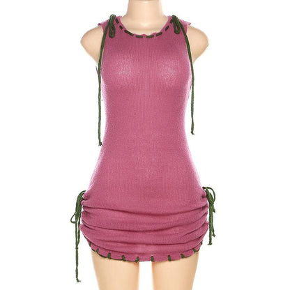 Knitted contrast sleeveless stitch drawstring backless mini dress