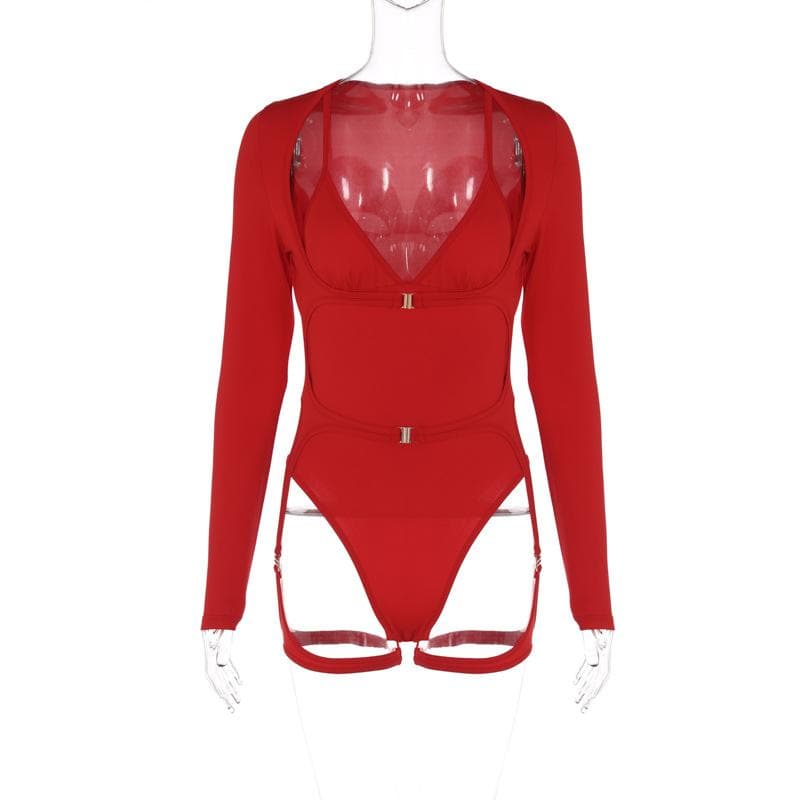 Long sleeve v neck hollow out buckle solid bodysuit