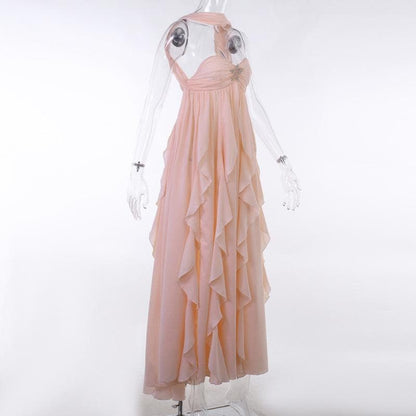 Ruffle star applique ruched halter backless maxi dress