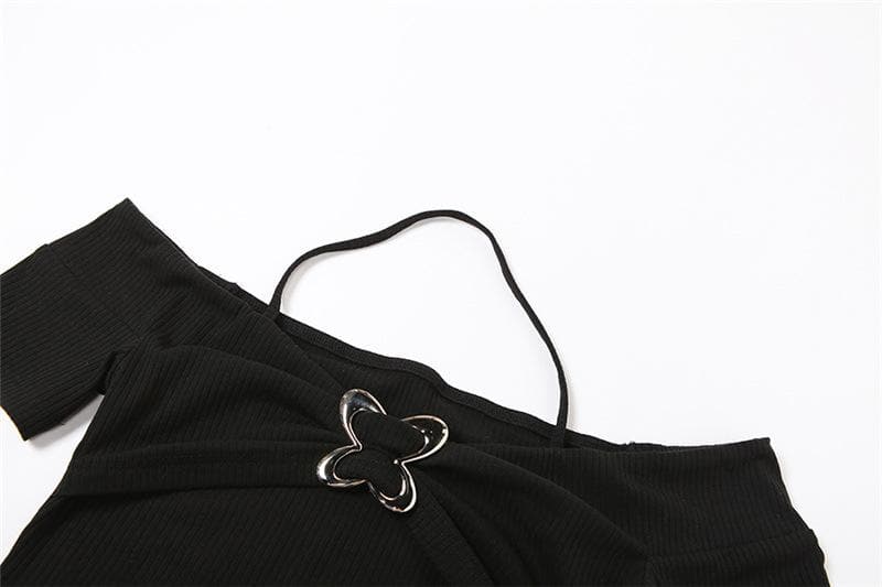 Off shoulder halter buckle short sleeve solid crop top