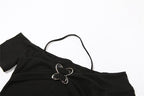 Off shoulder halter buckle short sleeve solid crop top