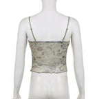Top corto con scollo a V e orlo in pizzo con stampa floreale in rete trasparente 