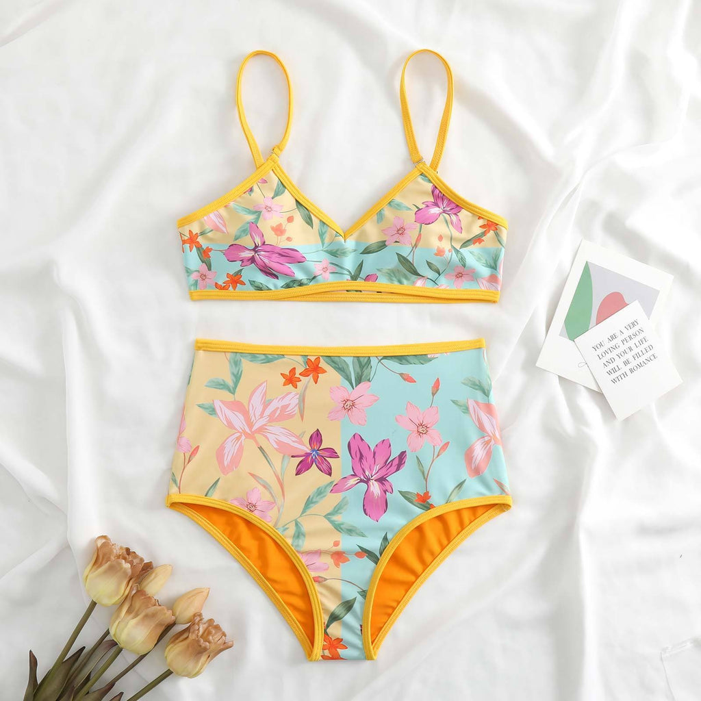 Costume da bagno 3 pezzi con canotta bidirezionale e scollo a V a contrasto con stampa floreale