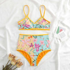 Costume da bagno 3 pezzi con canotta bidirezionale e scollo a V a contrasto con stampa floreale