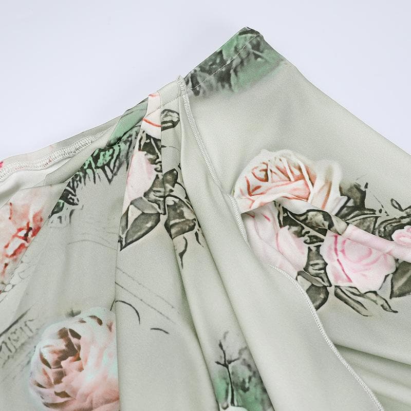 Flower print cowl neck contrast slit ruched sleeveless maxi skirt set