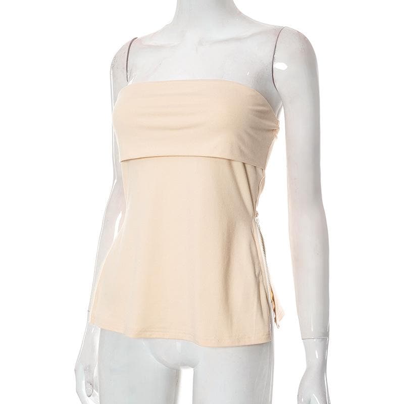 Solid zip-up backless sleeveless tube top