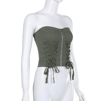 Solid lace up zip-up cargo tube crop top