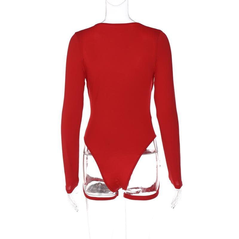 Long sleeve v neck hollow out buckle solid bodysuit