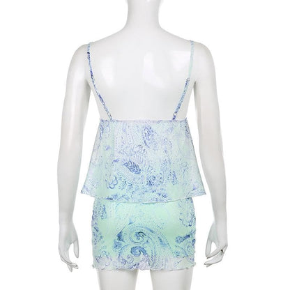 Mesh abstract print square neck slit backless cami mini skirt set