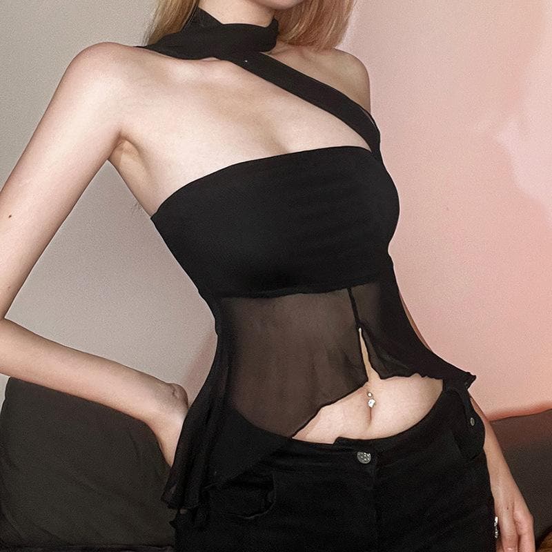 Mesh solid irregular halter slit backless crop top