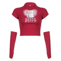 High neck short sleeve gloves cat pattern crop top