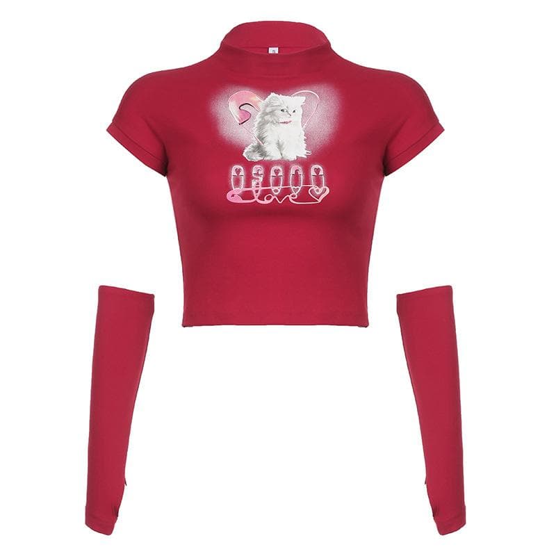 High neck short sleeve gloves cat pattern crop top