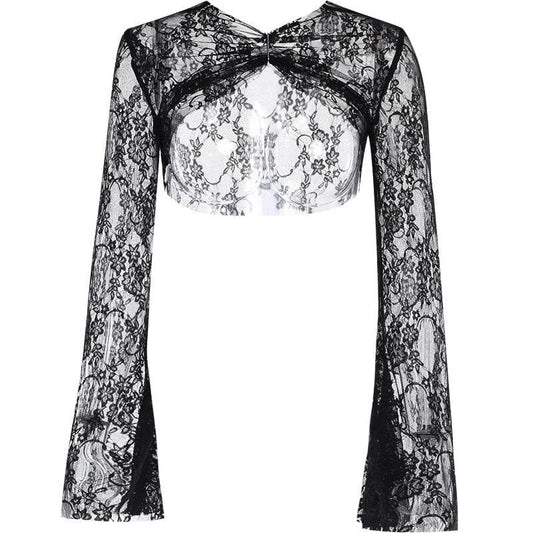 Flared sleeve ruched lace solid shrug top