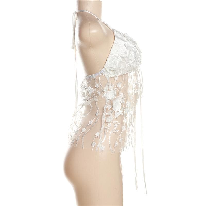 Embroidery v neck self tie halter solid backless top