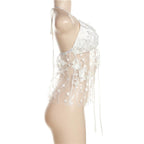 Embroidery v neck self tie halter solid backless top
