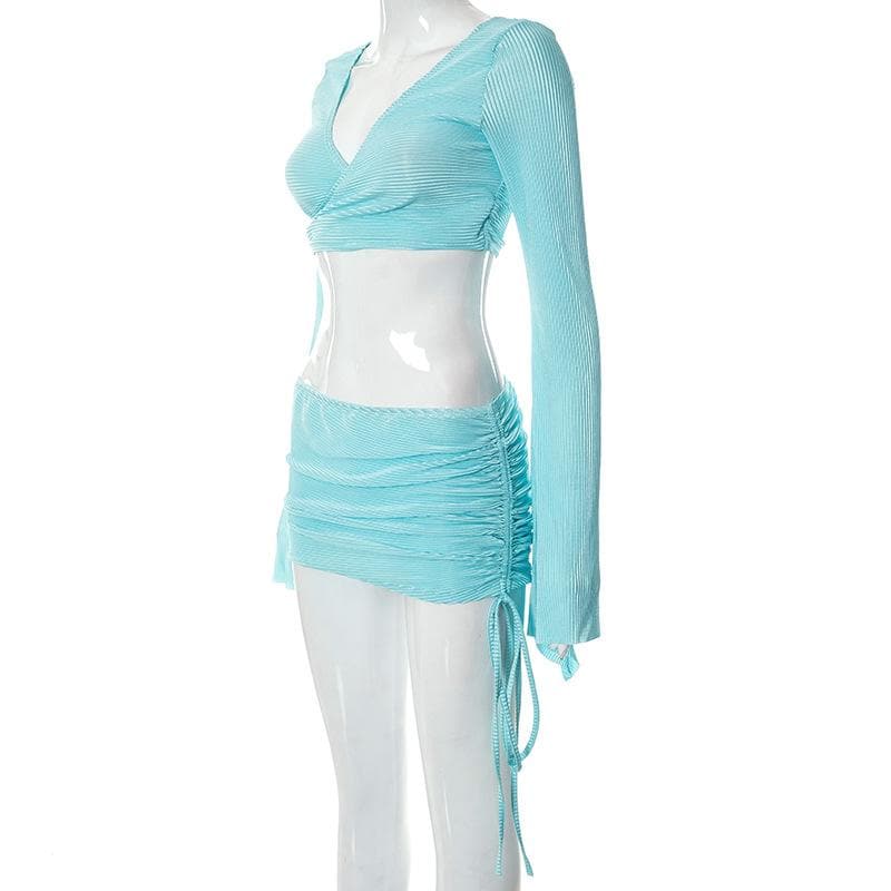Textured self tie flared sleeve drawstring v neck mini skirt set