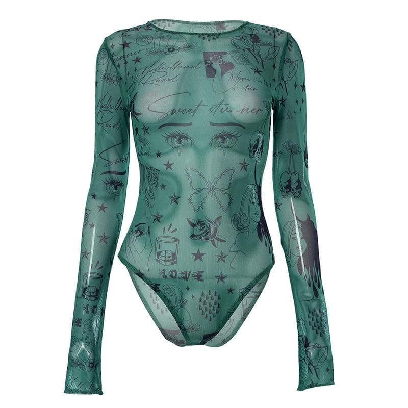 Sheer mesh see through abstract long sleeve bodysuit