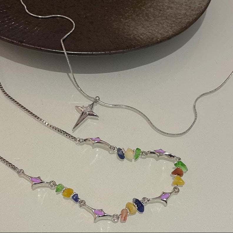 Multicolor Stone Star Pendant 2 Pcs Choker Necklace