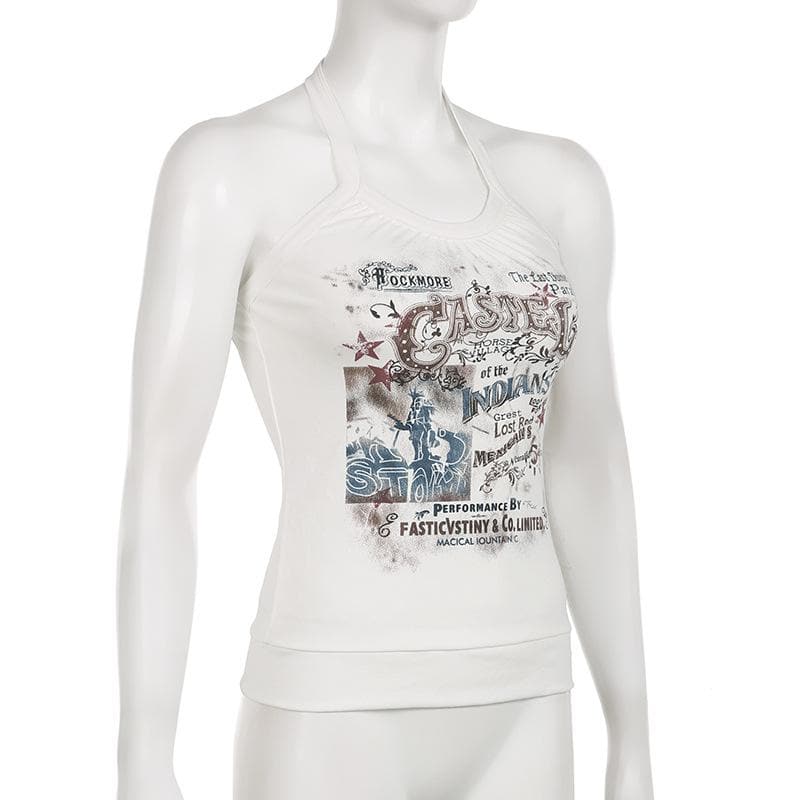 Letter print halter self tie backless contrast top