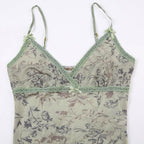 Top corto con scollo a V e orlo in pizzo con stampa floreale in rete trasparente 