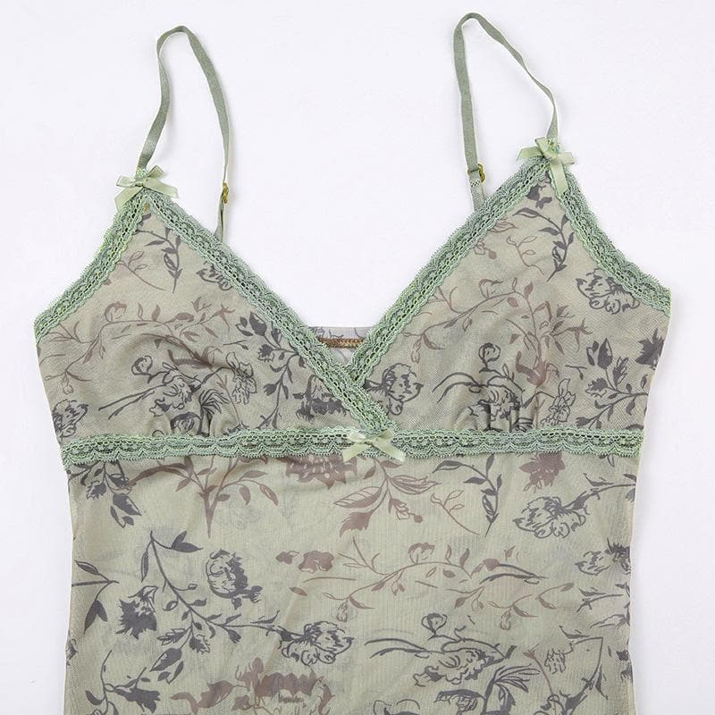 Top corto con scollo a V e orlo in pizzo con stampa floreale in rete trasparente 