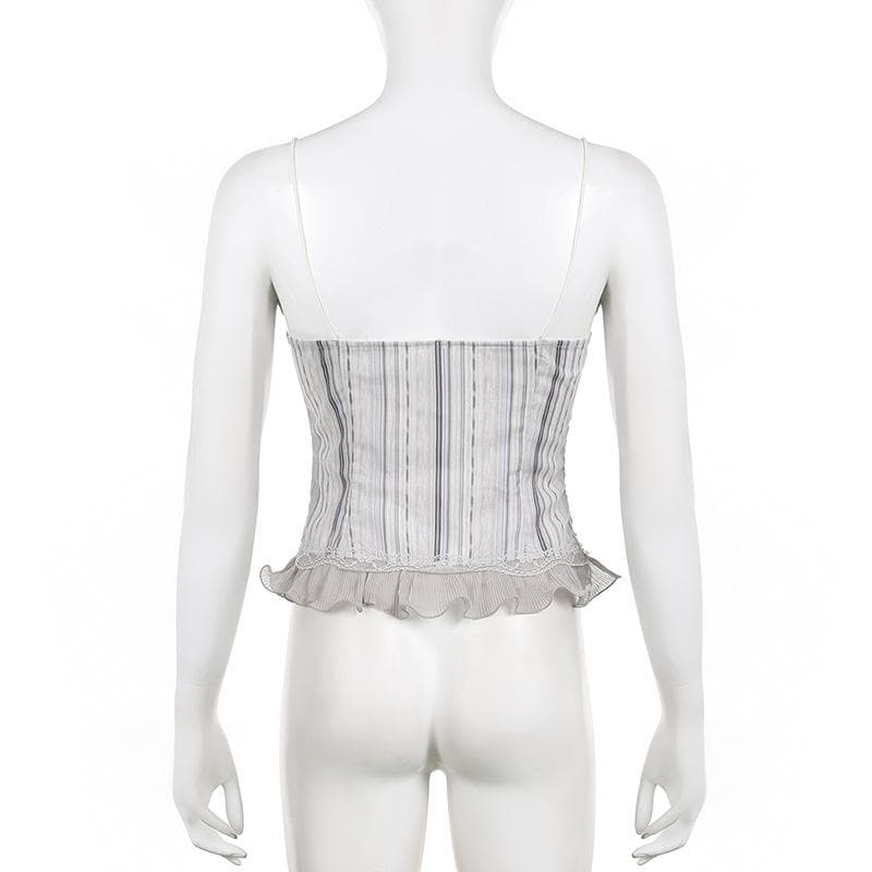 Ruffle striped contrast lace hem corset lace up backless top