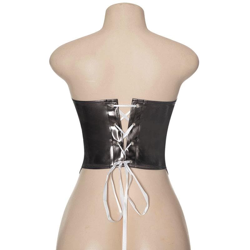 Corsetto in pelle PU con scollatura a U, top a tubino senza schienale e lacci 