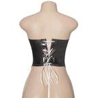 Corsetto in pelle PU con scollatura a U, top a tubino senza schienale e lacci 