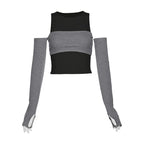 Top corto in due pezzi con scollo a giro e spalle scoperte a contrasto