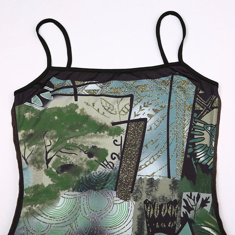 Abstract Print Contrast Square Neck Backless Cami Midi Dress